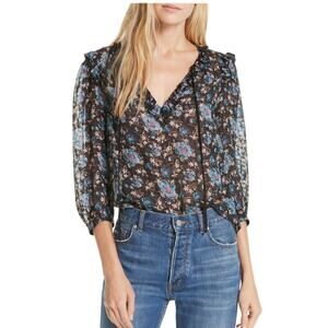 Rebecca Taylor Women's Solstice Floral Blouse Black Size 6 Clip Dot Silk Top